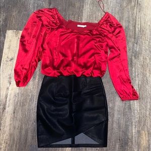 Vici black leather skirt and red blouse